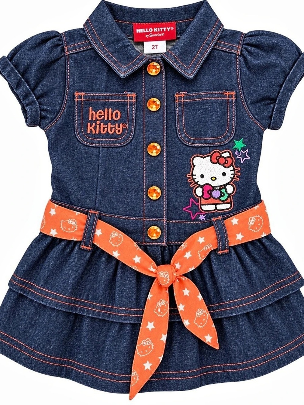 Hello Kitty by Sanrio Girls Denim Dress Size 2T Orange Belt Y2K